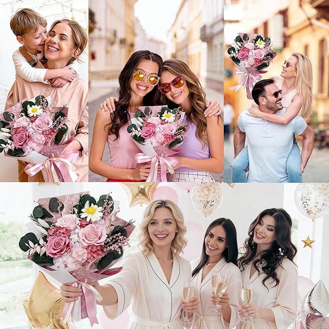 HUACHIPLUS Preserved Rose Bouquets: Fresh Flowers Bouquet- Romantic Gifts for Mom Wife Girlfriend Women-Flowers for Delivery Prime on Christmas Valentines Day Anniversary Mothers Day Birthday (Pink1)