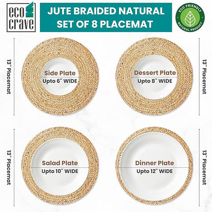 Eco Crave Jute Placemats, Set of 8 Round Woven Placemats 100% Natural Nonslip Round Placemats 13x13 Inches Round Farmhouse, Boho Jute Placemats for Dining Table Placemats Set of 8