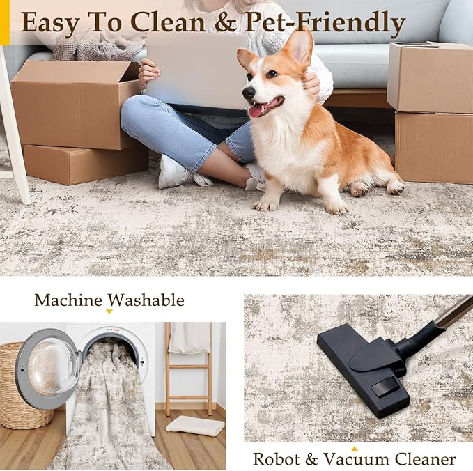 2x7 Washable Runner Rug Brown Grey Abstract Hallway Kitchen Throw Rug Neutral Modern Non Slip Soft Low Pile Carpet for Bathroom Laundry Bedroom Living Room