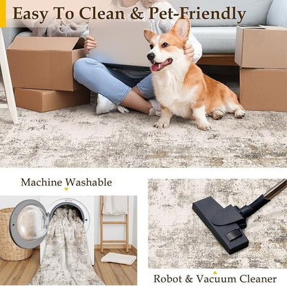 2x5 Washable Runner Rug Brown Grey Abstract Hallway Kitchen Throw Rug Neutral Modern Non Slip Soft Low Pile Carpet for Bathroom Laundry Bedroom Living Room