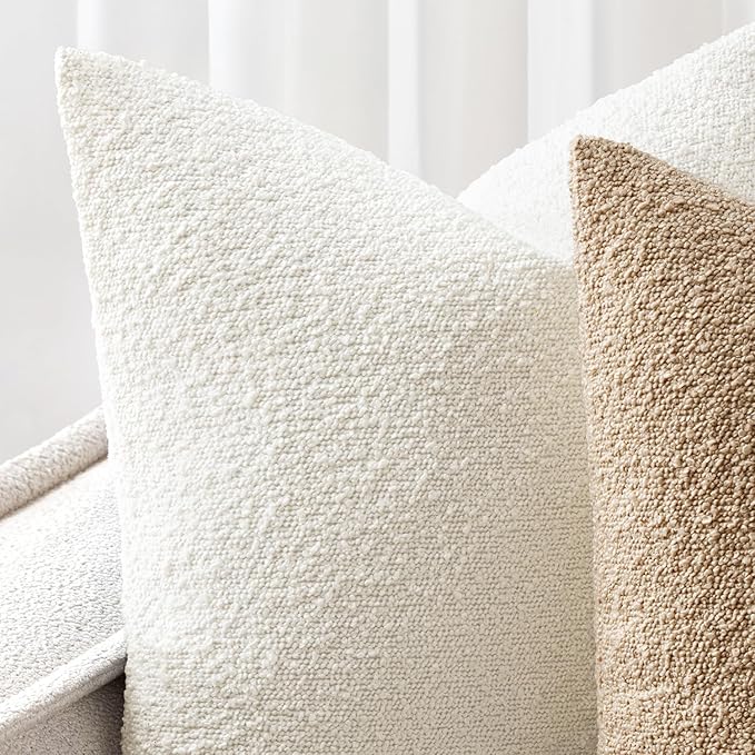 Woaboy Pack of 2 Decorative Boucle Throw Pillow Covers Textured Square Pillowcaes Accent Solid Cozy Soft Cushion Covers Christmas Home Decor for Sofa Couch Living Room Bed,18x18 Inch White