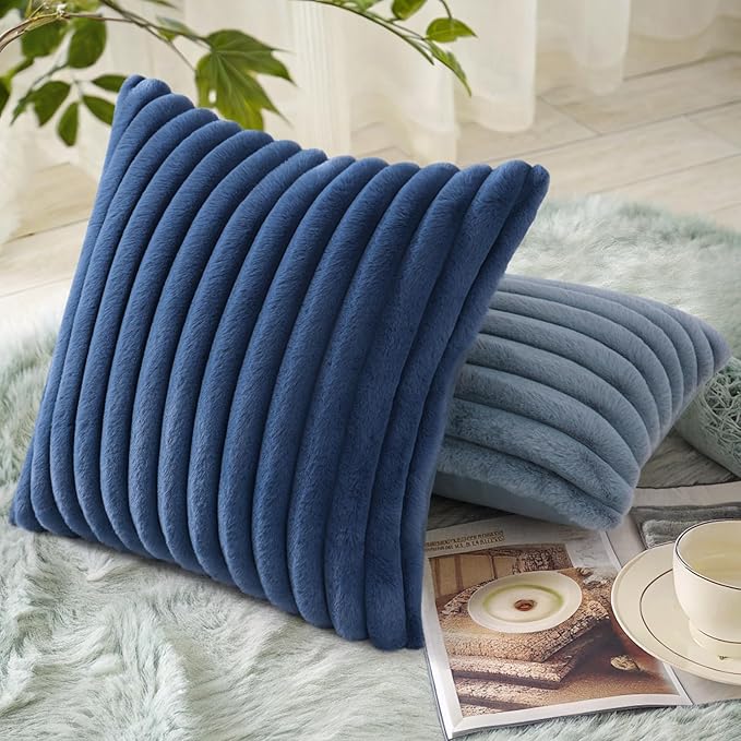 decorUhome Faux Fur Spring Throw Pillow Covers 26x26 Set of 2, Decorative Soft Plush Striped Neutral Couch Euro Sham Pillow Covers with Velvet Back for Sofa, Bed, Living Room Home, Blue