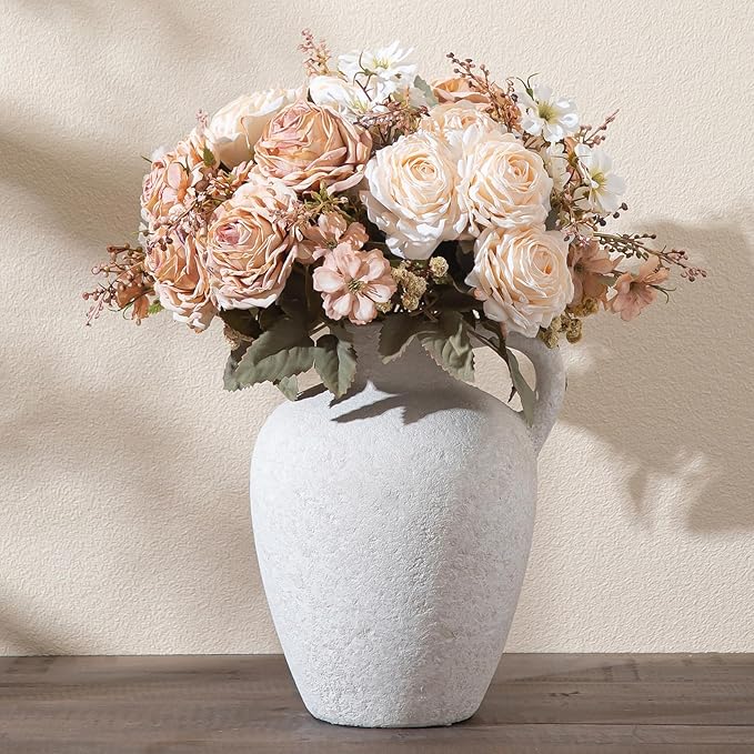 Ceramic Rustic Farmhouse Vase,8.85 Inch White Ceramic Decorative Flower for Home Decor Table Living Room Kitchen Bedroom Shelf Mantel Wedding Centerpiece Holiday & Wedding
