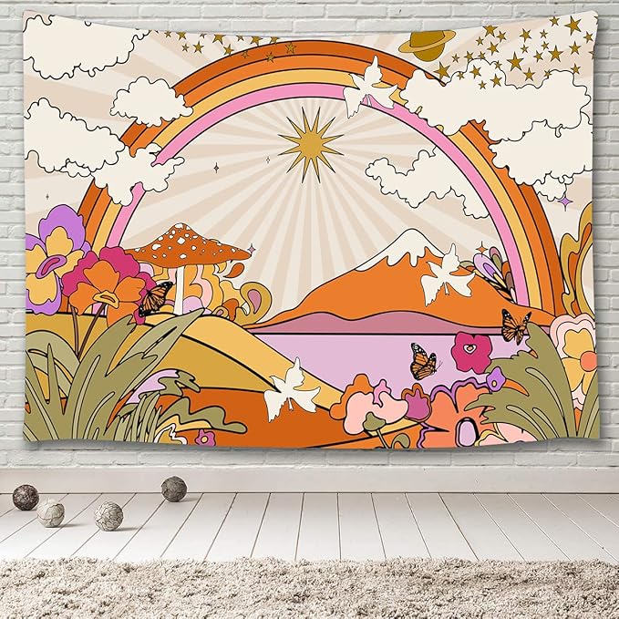 TOMOZ Vintage 70s Groovy Tapestry, Flowers Clouds Sun and Rainbow Tapestry Wall Hanging, Orange Hippie Psychedelic Tapestries for Bedroom Living Room Dorm Decor 80 x 60Inch