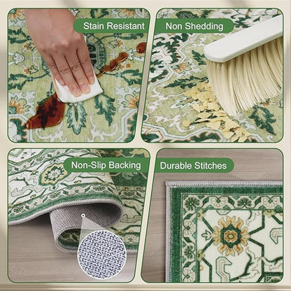 Area Rugs for Living Room 9x12 - Large Machine Washable Vintage Oriental Soft Rug, Low Pile Thin Carpet with Non Slip Backing for Bedroom, Dorm, Under Dining Room Table, Indoor House, Office Decor