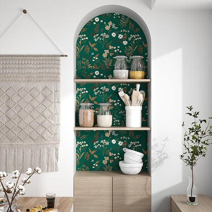 Dark Floral Wallpaper Peel and Stick 17.5in x 118in Vintage Green Gold Leaf Wallpaper Vinyl Waterproof Self-Adhesive Boho Botanical Wall Paper Mural for Cabinet Bookcase Bedroom Decor