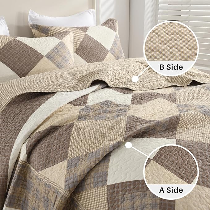 Oversized King Bedspread Quilt 120" x 120", 100% Cotton Lightweight Quilted Bed Spreads Coverlet Set Farmhouse Bedding Cover, 3 Piece, Brown/Beige/Khaki