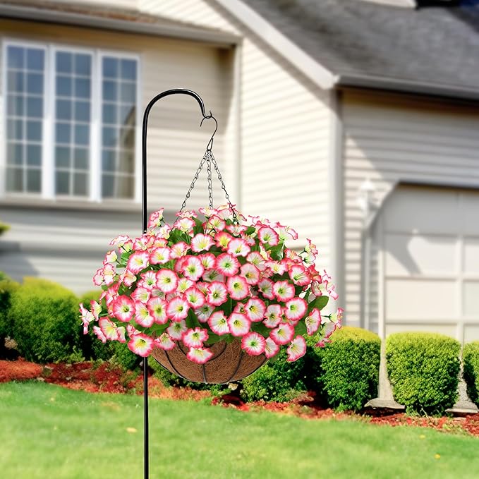 Homsunny Artificial Faux Hanging Flowers Baskets for Outdoor Spring Decoration,Fake Silk Plants for Outside Indoors Porch Patio Home Summer Decor(Pink)