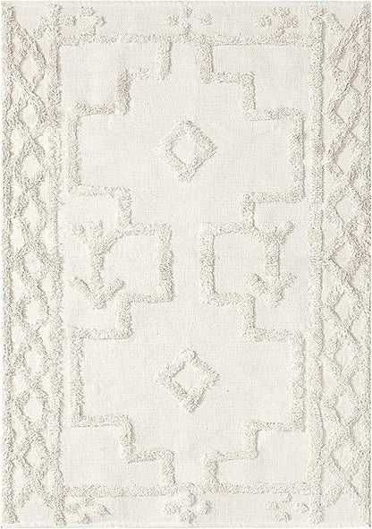 Uphome Boho Area Rug 3' x 5', Cream Washable Cotton Woven Entryway Rug with Tassels, Moroccan Tufted Bedroom Rug, Farmhouse Tribal Floor Carpet for Entry Office Porch Living Room Kitchen