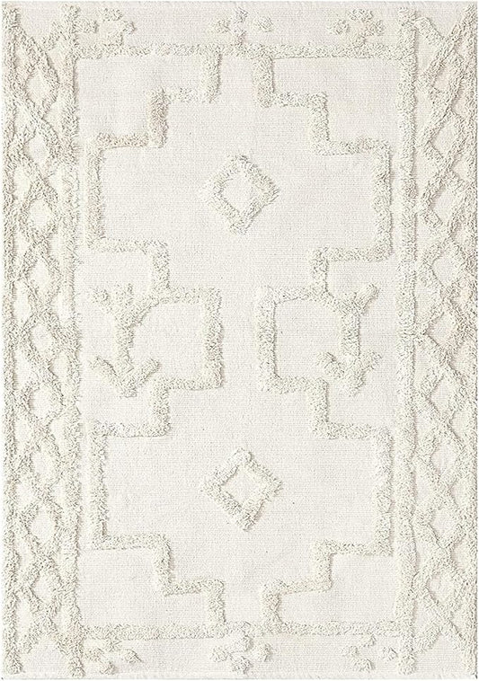 Uphome Boho Area Rug 3' x 5', Cream Washable Cotton Woven Entryway Rug with Tassels, Moroccan Tufted Bedroom Rug, Farmhouse Tribal Floor Carpet for Entry Office Porch Living Room Kitchen