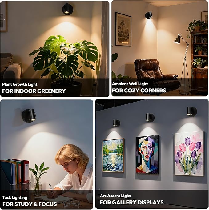 4 Pack Spotlights Indoor with Remote, Rechargeable Picture Lights, Wireless LED Uplighting with Dimmable 3CCT Modes, Display Lights for Artwork, Plant, Painting, and Accent Lighting, Black