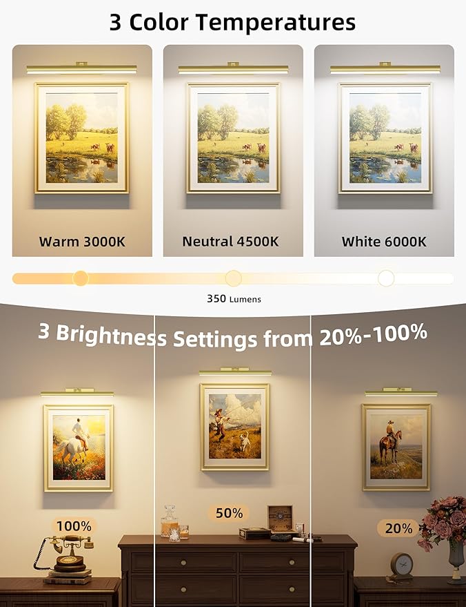VOLISUN 16 inch Picture Lights for Wall, Rechargable Picture Light Battery Operated, 3 Color Temperatures Cordless Picture Light with Remote, Art Light for Paintings, Gallery, Portrait, 2 Pack (Gold)