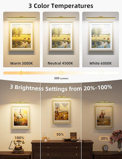 VOLISUN 16 inch Picture Lights for Wall, Rechargable Picture Light Battery Operated, 3 Color Temperatures Cordless Picture Light with Remote, Art Light for Paintings, Gallery, Portrait, 1 Pack (Gold)