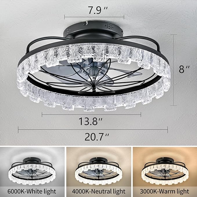 Matte Black Ceiling Fan with Light, Farmhouse Flower Caged Ceiling Fan with Remote, LED Low Profile Ceiling Light for Bedroom Kitchen Living Room