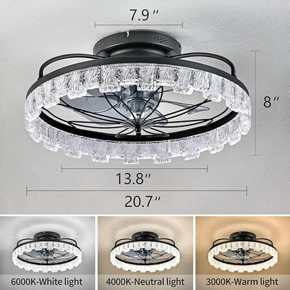 Matte Black Ceiling Fan with Light, Farmhouse Flower Caged Ceiling Fan with Remote, LED Low Profile Ceiling Light for Bedroom Kitchen Living Room