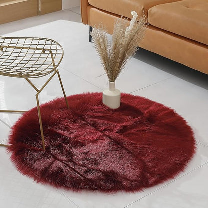 Faux Fur Rug Sheepskin Shag Fluffy Fuzzy Red 3x3 ft Rugs for Bedroom Bedside Bed Floor Living Room Plush Round High-Density Cushion Carpet Super Sofa Cover