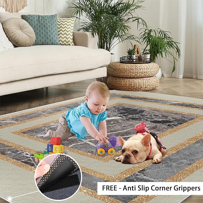 Light Luxury Marble Area Rugs Gilded Stripe Geometry Area Carpet Abstract Marble Texture Rug Stone Crack Carpet for Living Room Study Bedroom 4x6ft