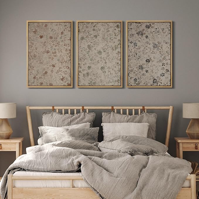 MUDECOR Framed Wall Art Print Set Vintage Floral Botanical in Neutral Tones Illustrations Realism Decorative for Living Room, Bedroom, Office - 16"x24"x3 Natural