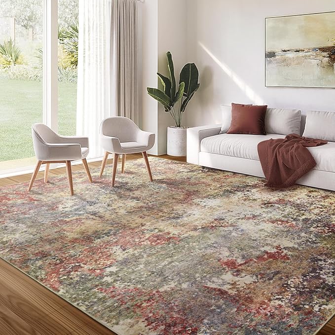 Washable Area Rug for Living Room: 10X14 Modern Abstract Neutral Soft Rug for Bedroom Dining Room No Slip Low Pile Carpet for Nursery Home Office - Red/Ivory