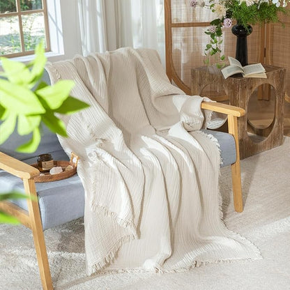 MooMee Muslin Blanket - 100% Cotton 4-Layer Gauze Throw Blanket with All-Around Fringe, Ultra-Soft Breathable Lightweight Cooling Decorative for Bed, Sofa & Couch (Beige,Throw 60" x 50")