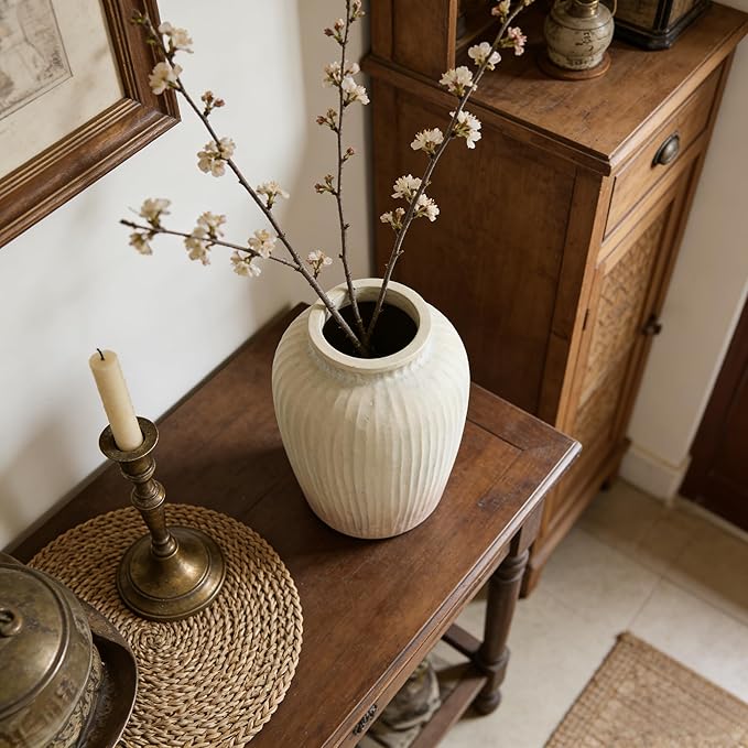Oakrain 15" Tall Rustic Vase, Decorative Flower Vase for Table with Gradient Design, Large Floor Planter for Indoor Plants, Home Decor, Living Room, Entryway, Beige
