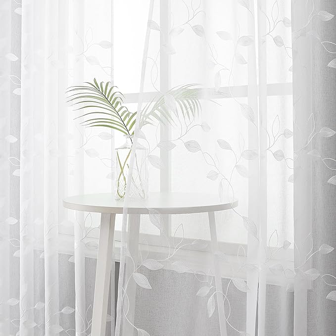 Tollpiz White Leaf Sheer Curtains Leaves Embroidered Bedroom Short Curtain Rod Pocket Voile Window Treatment for Living Room, 38 x 54 inches Long, Set of 2 Panels