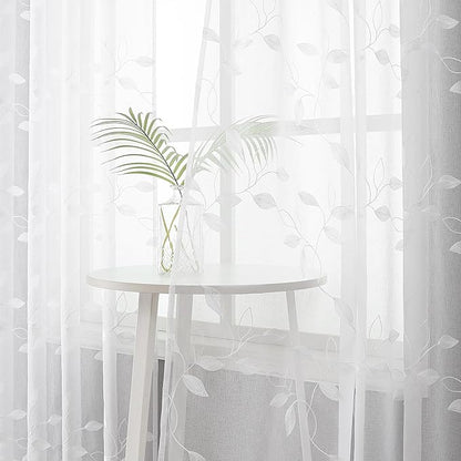 Tollpiz White Leaf Sheer Tier Curtains Short Kitchen Leaves Embroidered Curtain Rod Pocket Voile Bathroom Window Treatments for Farmhouse, 30 x 30 inches Long, Set of 2 Panels