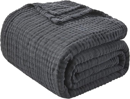 EMME Cotton Muslin Queen Blanket Bed Layering Breathable Gauze Blanket Soft Lightweight Blankets Adults (Black, 90"x90")