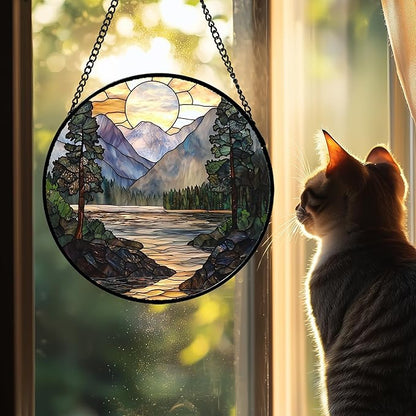 Stained Glass Window Hanging, Sunset Mountains Lake Tree Sun Catcher for Window Home Decor Landscape Suncatcher Mother's Day Birthday Gifts for Women Men Mom and Nana 9.8 in