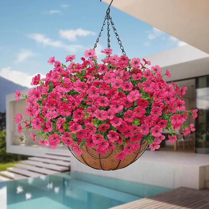 Artificial Fake Hanging Plants Flowers Basket Outdoors Outside Summer Decoration,Hanging Planters with Faux Silk Flowers Realistic UV Resistant for Home Indoor Porch Front Patio Balcony Garden Fuchsia