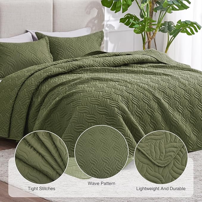 Love's cabin Quilts for Queen Bed Olive Green Bedspreads Bedding Set - Summer Lightweight Bedspread Comforter - Wave Pattern Bedding Coverlet for All Season - 3 Pieces (1 Quilt, 2 Pillow Shams)