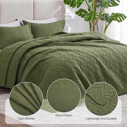 Love's cabin Quilts for Queen Bed Olive Green Bedspreads Bedding Set - Summer Lightweight Bedspread Comforter - Wave Pattern Bedding Coverlet for All Season - 3 Pieces (1 Quilt, 2 Pillow Shams)