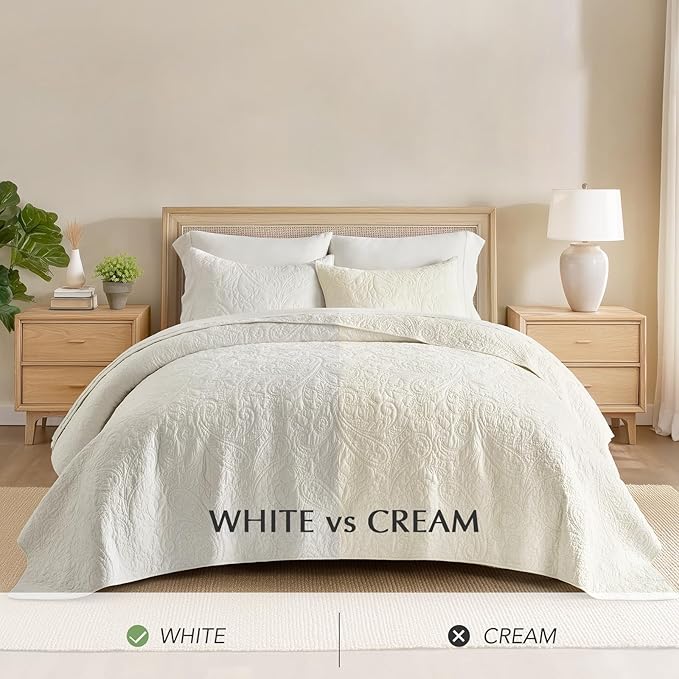 EVERGRACE 100% Cotton Paisley Quilt Set, King Size 3 Piece Set – Prewashed Lightweight Bedspread with 2 Shams, Soft & Breathable Matelasse Coverlet for All-Season Comfort, Bright White