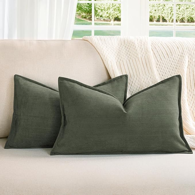 ZWJD Army Green 12x20 Pillow Covers Set of 2 Chenille Throw Pillow Covers with Elegant Design Soft and Luxurious Decorative Throw Pillows for Couch, Bed, and Home Decor