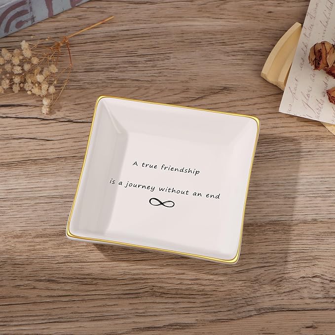 JoycuFF Friendship Gifts for Women Ceramic Trinket Tray Birthday Christmas Encouragement Decorative Decor Home Dish A True Friendship is A Journey Without An End Jewelry