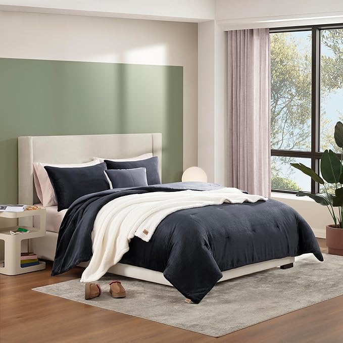 UGG Full/Queen Comforter Set 5 Piece Bed in a Bag with Throw Blanket, Decorative Pillow, Shams, Reversible Hypoallergenic Washable Luxury Warm Fluffy Bedding Set, Navy Blue (Remina)