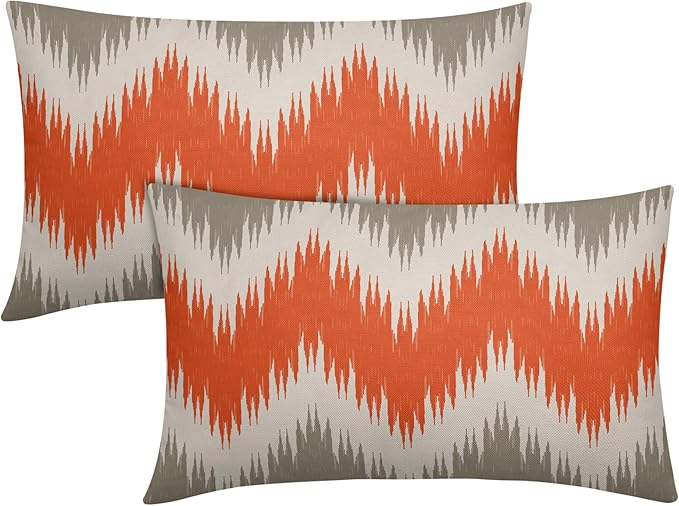Fall Orange Grey Lumbar Pillow Covers 12x20 Set of 2 Abstract Chevron Striped Vitage Decorative Throw Pillows Outdoor Linen Farmhouse Pillowcase with Zipper Cushion Cover Decor for Home Sofa Couch Bed