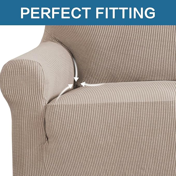 H.VERSAILTEX Stretch Sofa Covers for 3 Cushion Couch Covers Sofa Slipcovers for Living Room Feature Thick Checked Jacquard Fabric with Elastic Bottom, Sofa Large - Sand