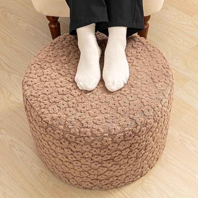 Round Plush Stuffed Ottoman Pouf - Ultra-Soft Furry Ottoman Foot Rest with High-Density Foam Filling, 20" x 14" Multi-Functional Floor Pouf for Living Room