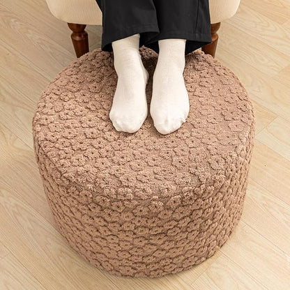 Round Plush Stuffed Ottoman Pouf - Ultra-Soft Furry Ottoman Foot Rest with High-Density Foam Filling, 20" x 14" Multi-Functional Floor Pouf for Living Room