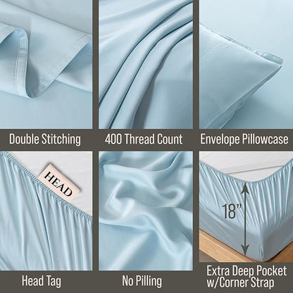 Bella Coterie 6 Piece Luxury Bamboo Viscose Queen Size Sheet Set | 100% Organically Grown | Cooling for Hot Sleepers | 18" Deep Pocket | Soft & Hypoallergenic | 4 Pillowcases [Coastal Blue]