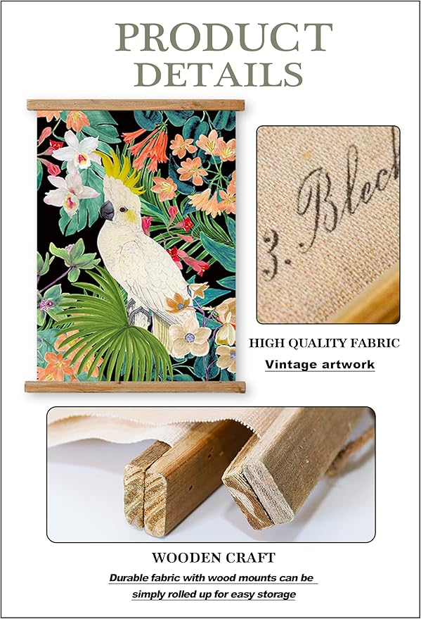 ABoby Vintage Hanging Parrot Posters, Decorative Wall Art Prints, Printed on Linen with Wood Frames, Ready to Hang