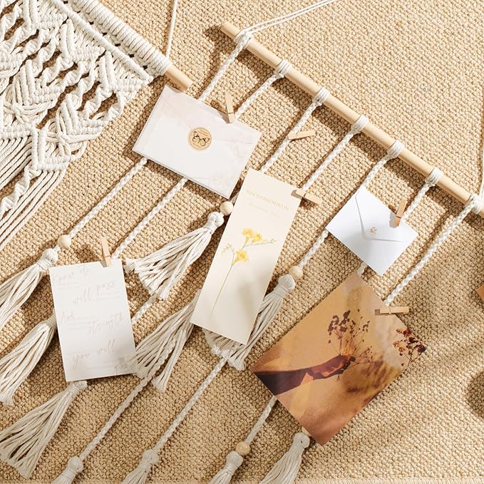 Mkono Hanging Photo Display Boho Macrame Wall Decor with Light, Teen Girl Teenage Gifts, Pictures Cards Frame Holder Art Hanger for Christmas Birthday Party Bedroom Dorm, with 30 Wood Clips, Ivory