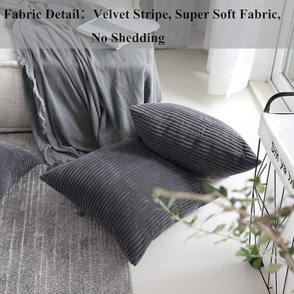 Home Brilliant Throw Pillow Covers 2 Packs Soft Cushion Covers Striped Velvet Throw Pillow Cases for Bed Living Room, 55x55 cm, 22 x 22 Inch, Dark Grey