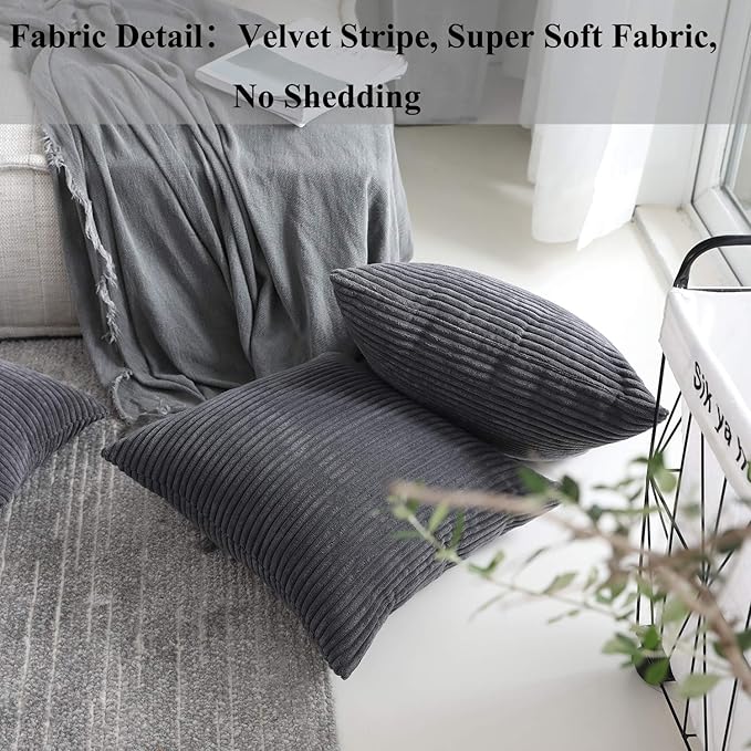 Home Brilliant 2 Pack Super Soft Striped Corduroy 26x26 Pillow Covers Decorative Euro Throw Pillow Sham Cushion Covers for Couch, 26 x 26 inch, Dark Grey