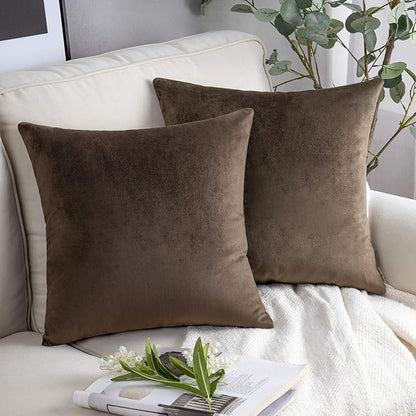 Phantoscope Pack of 2 Velvet Decorative Throw Pillow Covers Soft Solid Square Cushion Case for Couch Dark Coffee 26 x 26 inches 65 x 65 cm
