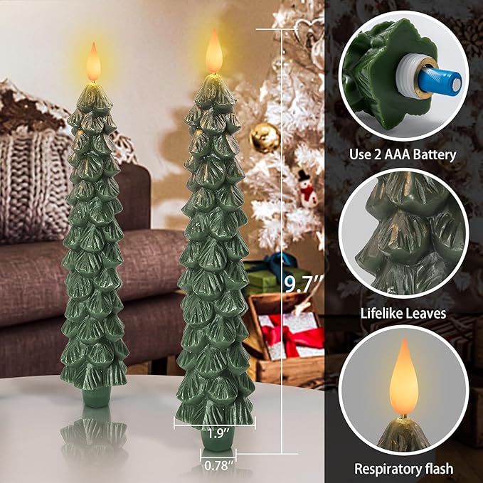 Homemory 3 PCS Flameless Taper Candles with 6-Hours Timer, 9.7 Inches Christmas Tree Candlesticks, Real Wax Battery Operated Window Candles with 3D Flickering Flame for Fireplace Christmas