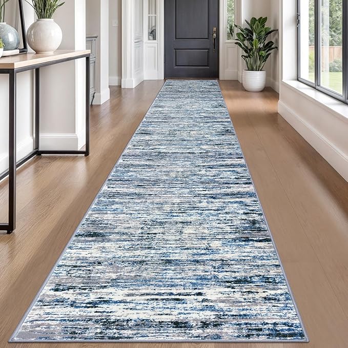 Modern Abstract Runner Rug 2.6x18, Grey Blue White Washable Long Kitchen Runner Non-Slip Soft Hallway Rug Runner Thin Print Faux Wool Carpet for Entryway Bedroom Laundry Room Indoor Home Decor