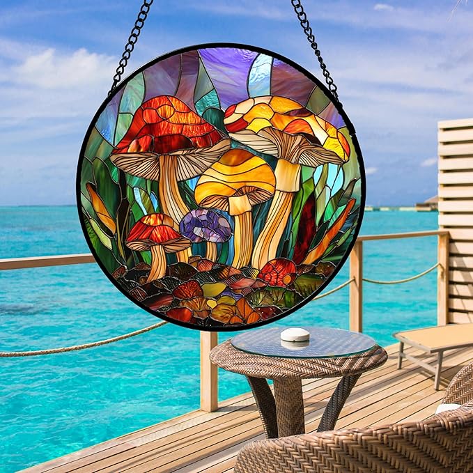 DASTOLL Stained Glass Window Hanging, Jungle Mushrooms Sun Catchers Diamond Glass Panel Hangings Plant Suncatcher Decor for Birthday for Women, Men, Wife, Aunt, and Mom 14.9x14.9 in