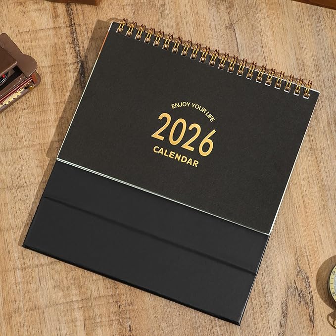 Small Desk Calendar 2025-2026, Use Now to Dec 2026, Standing Flip Desk Calendar with To-do List & Notes, Metal Ring Twin-Wire Binding with Stickers, Monthly Desktop Calendar for Home Office (Black)